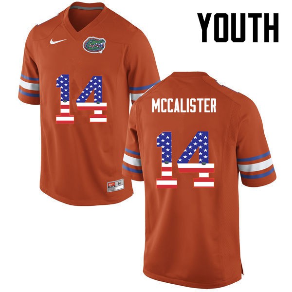 Florida Gators Youth #14 Alex McCalister College Football USA Flag Fashion Orange